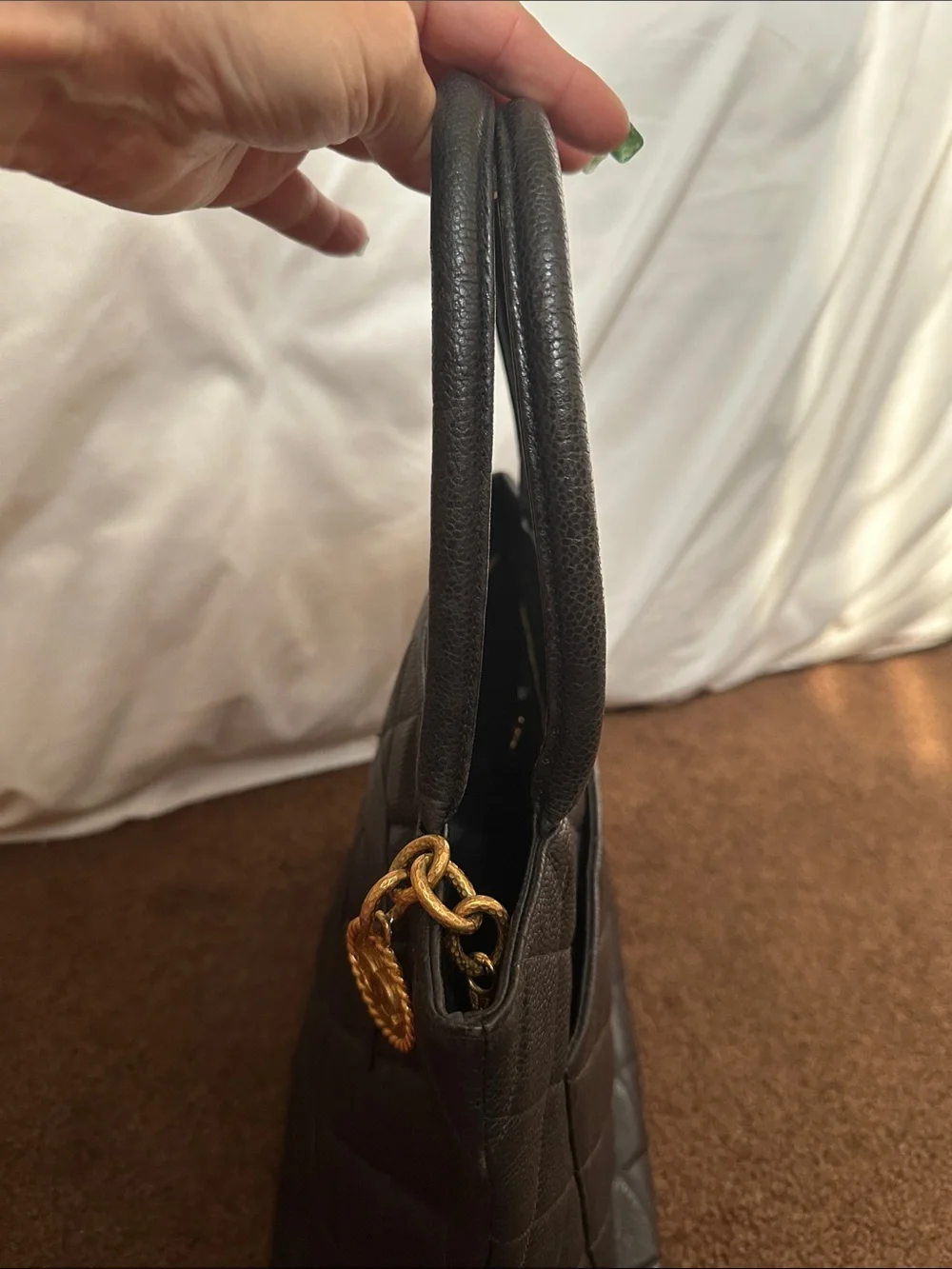 CHANEL Black Quilted Caviar Leather Tote with Gold Medallion Charm